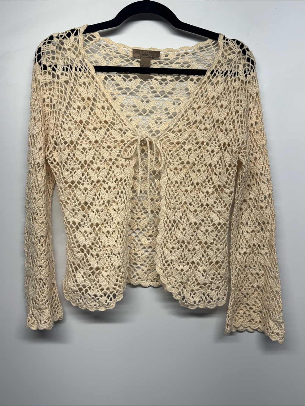 Openwork Tie-Front Crochet Cardigan Sweater - Cream